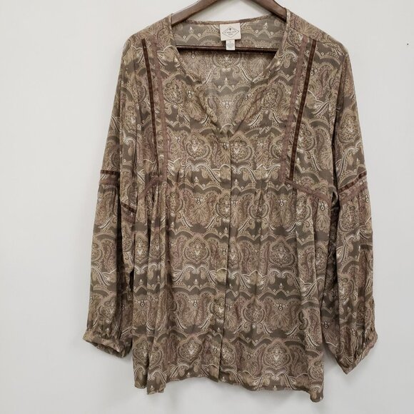 St Johns Bay Womens Boho Print Button Top Size 2X Green Vacation Travel Peasant - Picture 1 of 10